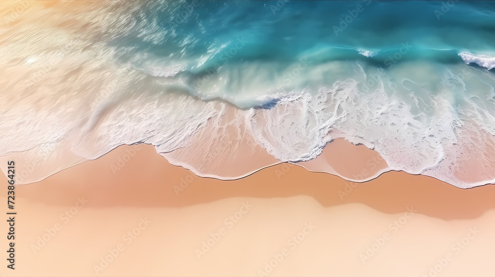 Sandy beach with light blue transparent water waves and sunlight, tranquil aerial beach scene