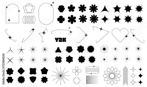 Y2k Aesthetic Shape modern Simple Graphic of sparkles and flowers set. Retro Geometric shape with star, circle form and frame. Abstract y2k form. Minimal aesthetic design. Trendy vector illustration.