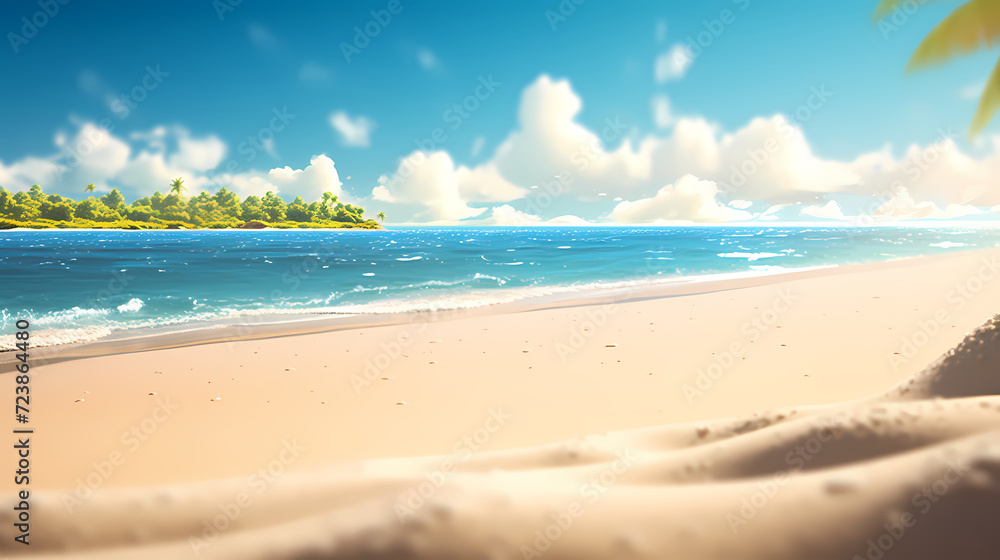 Obraz premium Sandy beach with light blue transparent water waves and sunlight, tranquil aerial beach scene