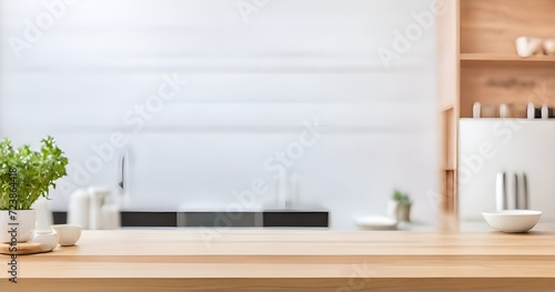 Blurry white light fills the empty room with a wooden interior, showcasing a modern window, food display, and design texture on the top counter. The wall space features a wooden tabletop, white. © Guddah