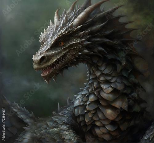 portrait of beautiful wisdom forest grey-green dragon. close up. 2024 year chinise symbol. New year concept. AI generated © anakondasp