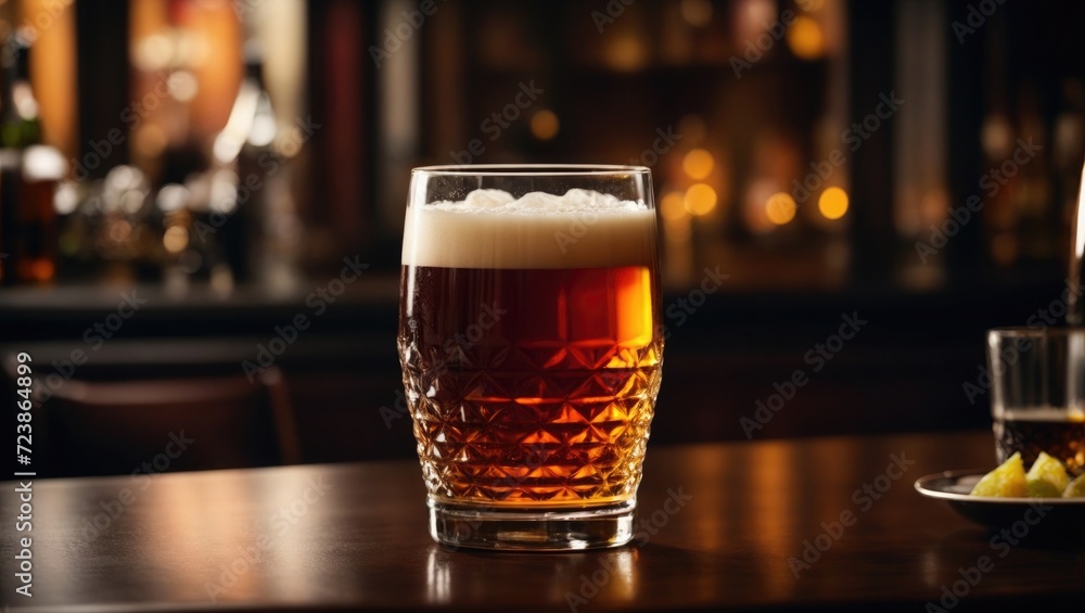 a pint of beer sitting on a bar, glass with rum a pint of beer sitting on a bar, glass with rum