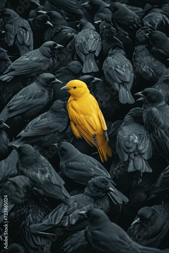 Yellow bird in the middle of black birds