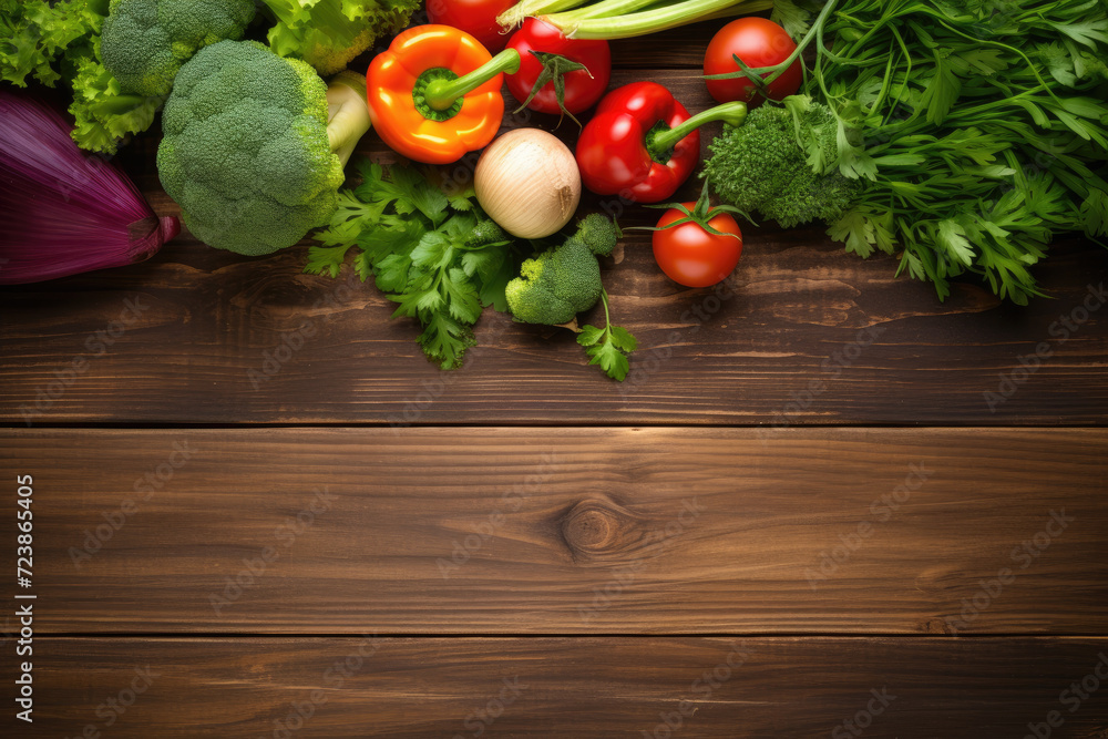 Vegetables on wooden background with blank text space Vegetables on wooden background with blank text space