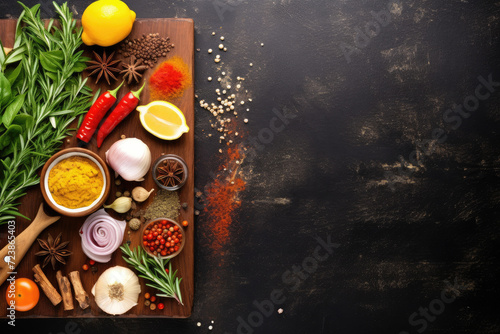Vegetables and spices on dark background with free space for text, healthy eating