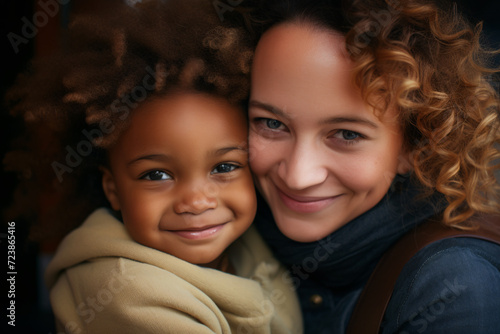 Portrait of interracial happy Caucasian mother with African American child
