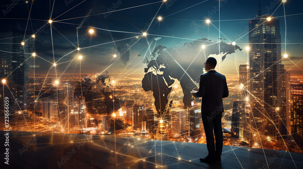 International business concept with businessman on city skyline
