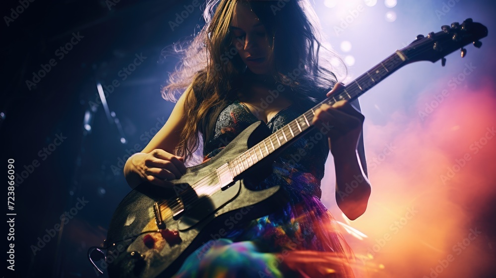 Woman playing on electric guitar on concert stage