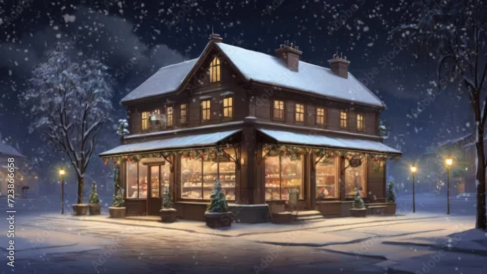 Shop or restaurant in the city in a snowy winter evening. Japanese cartoon or anime painting style. seamless looping virtual video animation background Shop or restaurant in the city in a snowy winter evening. Japanese cartoon or anime painting style. seamless looping virtual video animation background