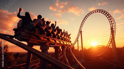 Amusement park silhouette, Loop. Thrilling roller coaster ride. photo