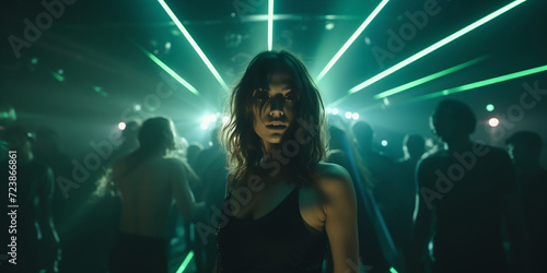 Woman in club spotlight in sunglasses. Girl in night club laser lights. Trance music with green neon background photo