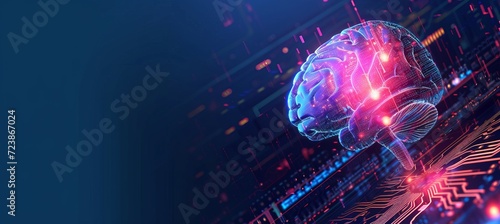 Shining brain icon on cpu with interactive holographic elements for data security and text space
