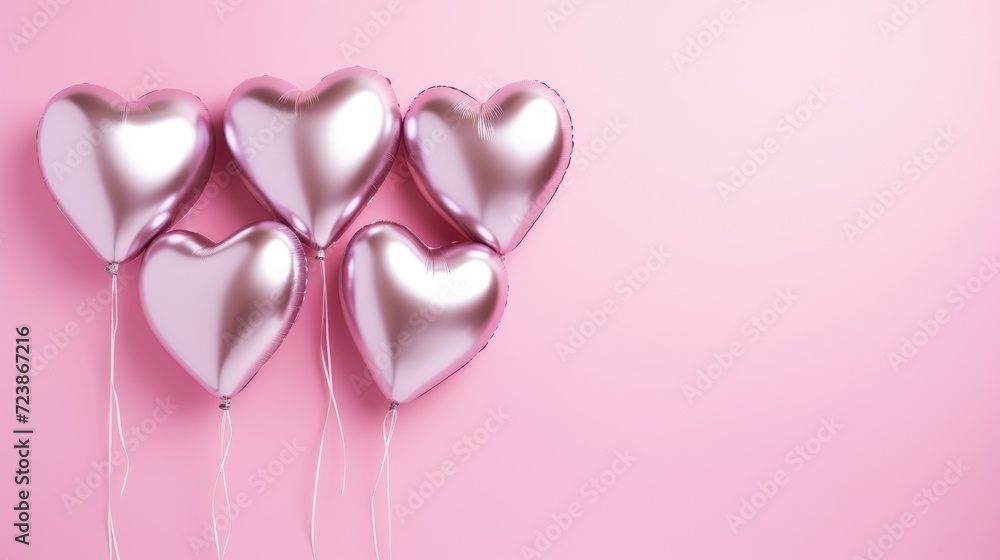 Foil balloons in the shape of a heart on a pink background. The concept of love. Decoration for Valentine's Day or wedding, women's day. A place for the text. Foil balloons in the shape of a heart on a pink background. The concept of love. Decoration for Valentine's Day or wedding, women's day. A place for the text.
