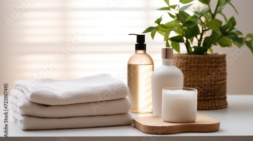 White bottles of soap or shampoo on the table in the bathroom. White cotton towels are stacked. Stylish interior and hygiene items.