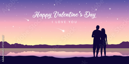romantic night couple in love at the lake with falling stars vector illustration photo