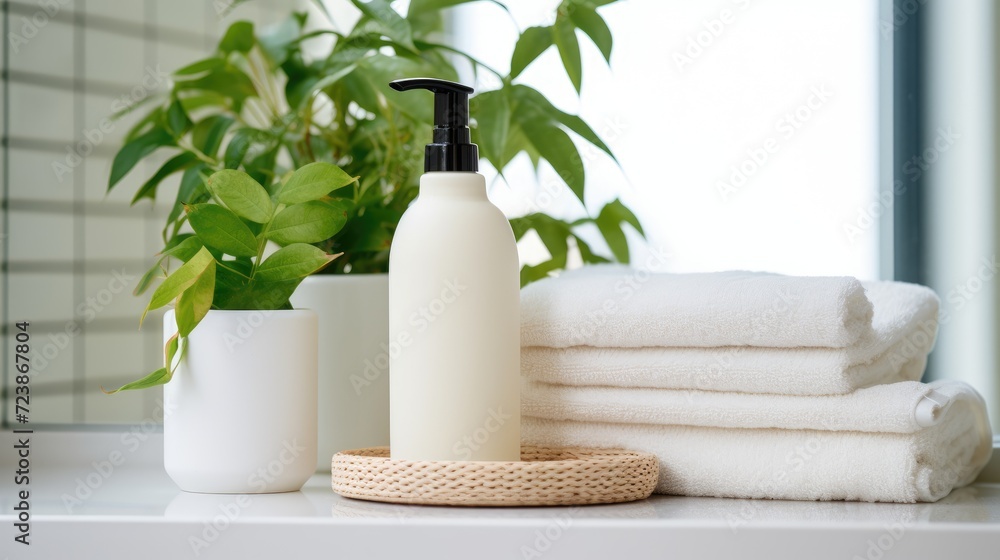 White bottles of soap or shampoo on the table in the bathroom. White cotton towels are stacked. Stylish interior and hygiene items. White bottles of soap or shampoo on the table in the bathroom. White cotton towels are stacked. Stylish interior and hygiene items.
