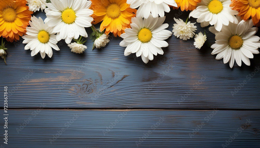 Fototapeta premium daisies on wooden background top view. daisy flowers isolated on blue wooden background for spring time Mother's Day. White and yellow daisy flower background. floral frame. floral background
