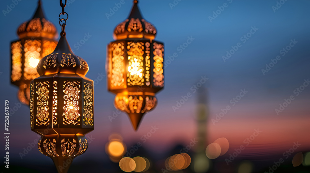 An Arab lantern hangs on the evening street, Ramadan An Arab lantern hangs on the evening street, Ramadan