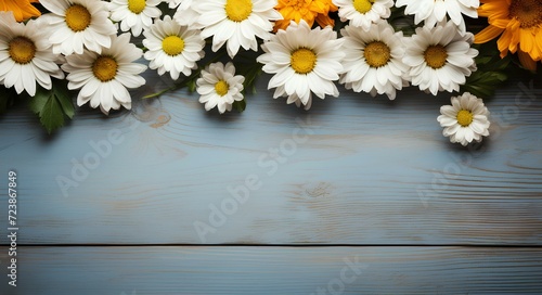 daisies on wooden background top view. daisy flowers isolated on blue wooden background for spring time Mother's Day. White and yellow daisy flower background. floral frame. floral background © Divid