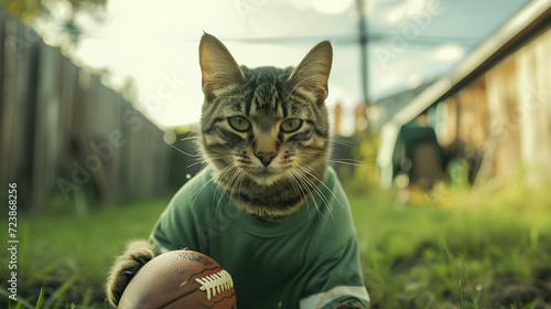 Action photograph of cat wearing a green t-shirt playing american football Animals. Sports