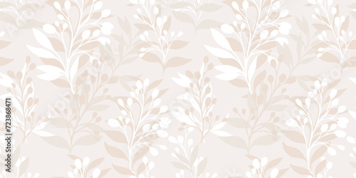 Monotone pastel beige tropical stems seamless pattern. Simple artistic silhouettes leaves branches background. Vector hand drawn stylized, shapes. Design for fashion, fabric, textiles, printing