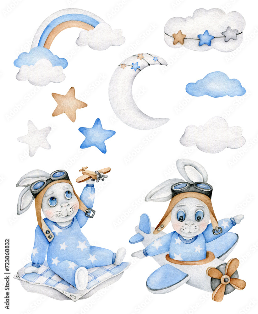 Naklejka premium Baby set:cute rabbit,airplane,cloud,star,moon,rainbow.Baby boy.Toy plane.Endless baby background.Bedtime.Sweet dreams.Creative cartoon bunny.Good night