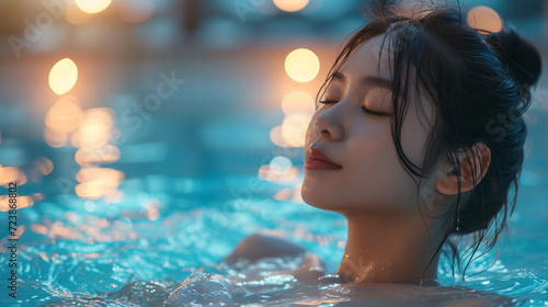 Asian woman relax in jacuzzi. 