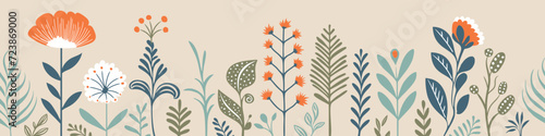 Hand drawn grass and flowers, spring meadow, seamless border, vector illustration	