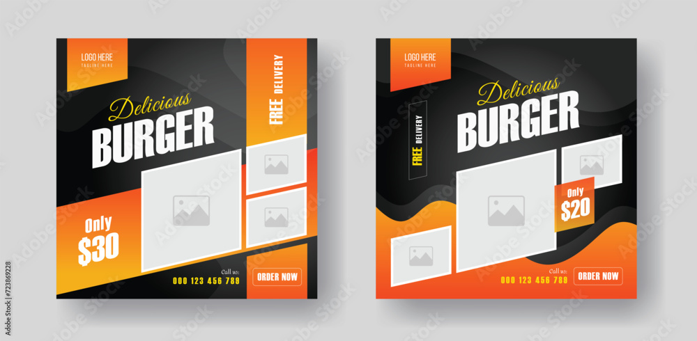 Burger social media square size banner design for your fast food restaurant menu business promotion, delicious burger food menu post layout design with gradient shapes. Burger social media square size banner design for your fast food restaurant menu business promotion, delicious burger food menu post layout design with gradient shapes.