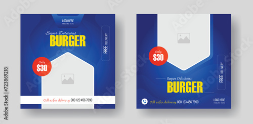 Burger social media square size banner design for your fast food restaurant menu business promotion, delicious burger food menu post layout design with gradient shapes. 