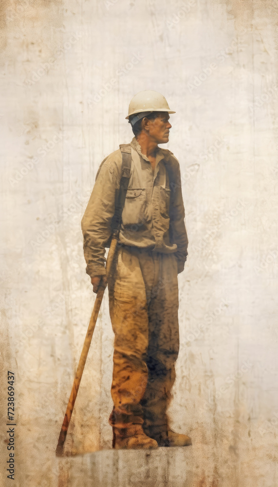 Worker in white helmet holding wooden stick