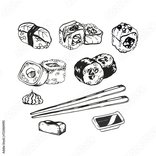 vector illustration of Japanese food theme with rolls, sushi, sashimi, soy sauce, chopsticks, set of hand drawn inked monochrome sketch of seafood isolated on white background