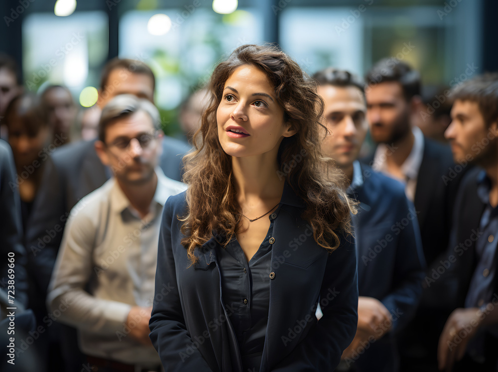 a woman gives a speech in a training room with different people, Mentoring, team building, transfer of experience, The conference a woman gives a speech in a training room with different people, Mentoring, team building, transfer of experience, The conference