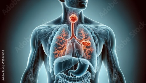 Medical Illustration of Human Respiratory System with Tumors in Lungs photo