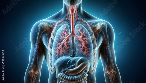Detailed Human Respiratory System Anatomy with Visible Trachea and Lungs