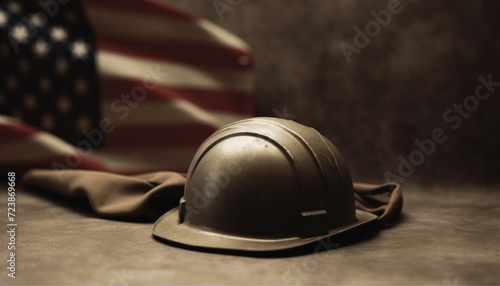Worker symbol safety helmet on America flag background
