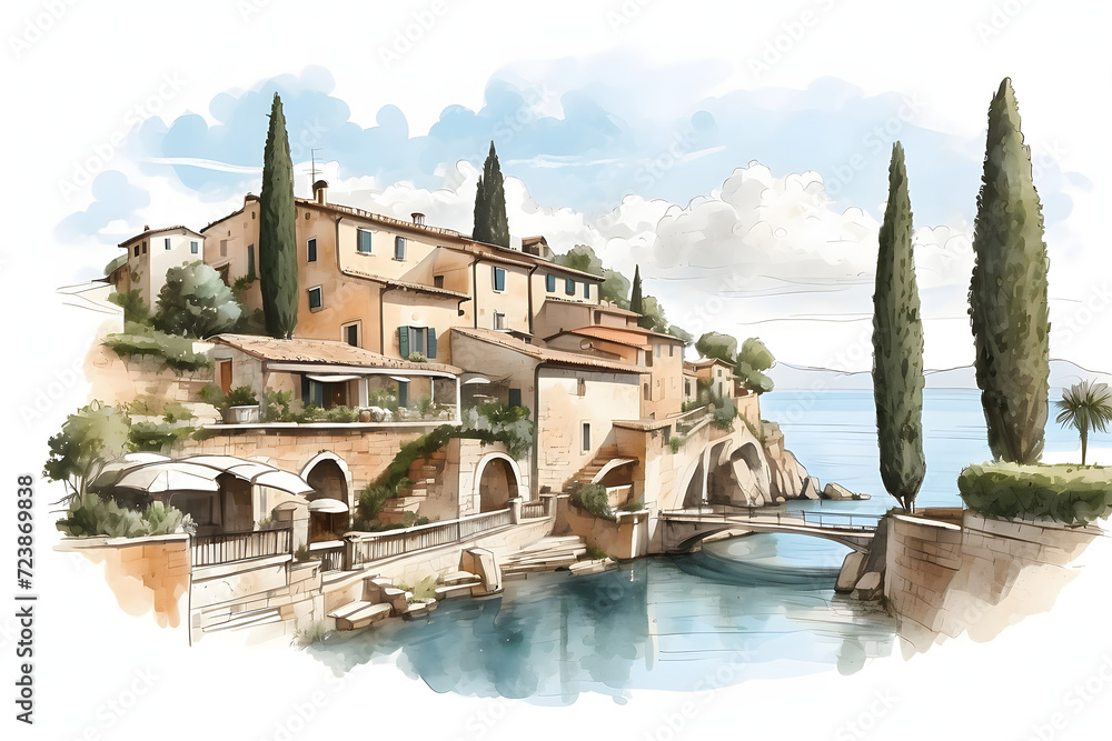 Front view of aesthetic Italy landscape illustration or cartoon
