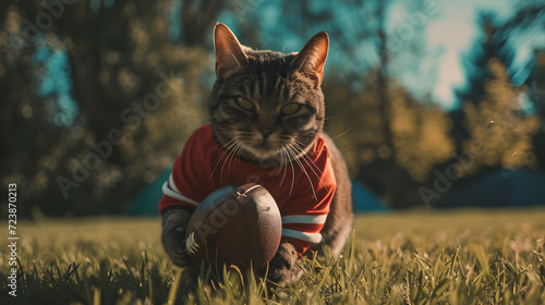 Action photograph of cat wearing a red t-shirt playing american football Animals. Sports