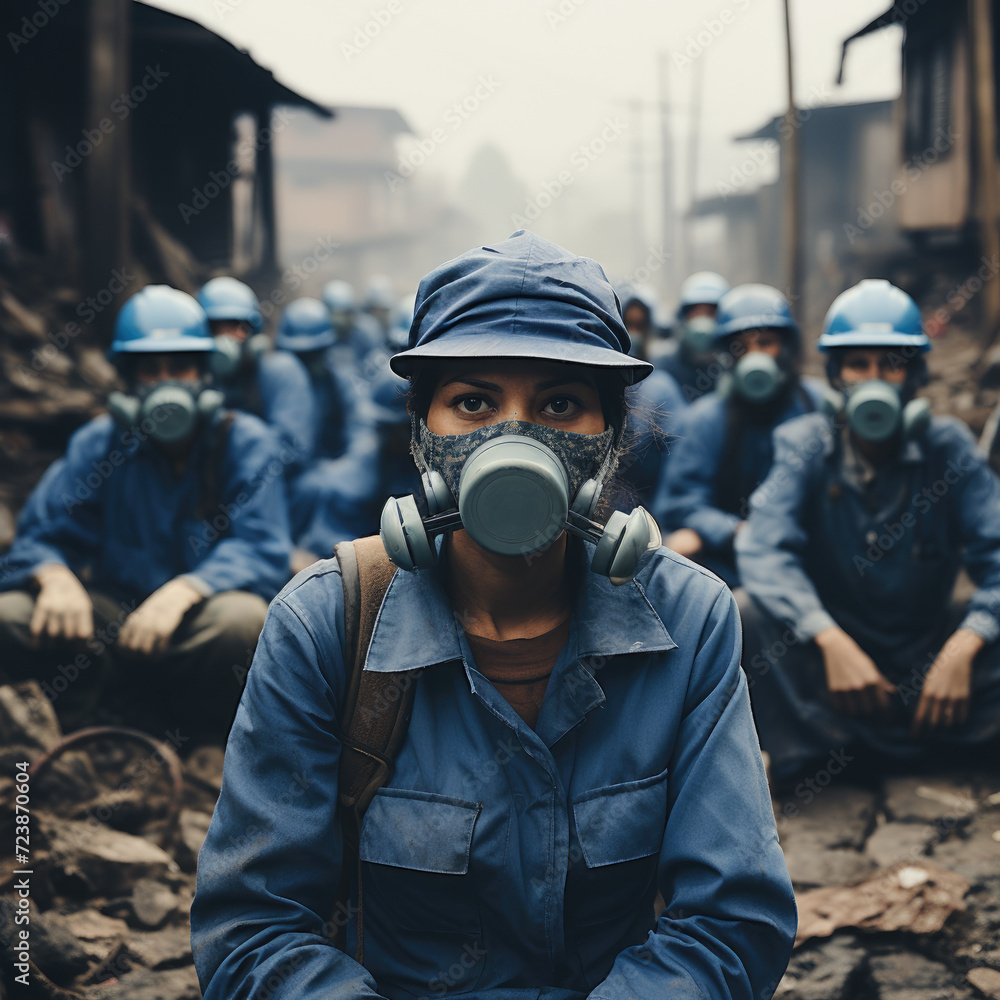 Workers in blue clothes with masks representing worker safety and health Workers in blue clothes with masks representing worker safety and health