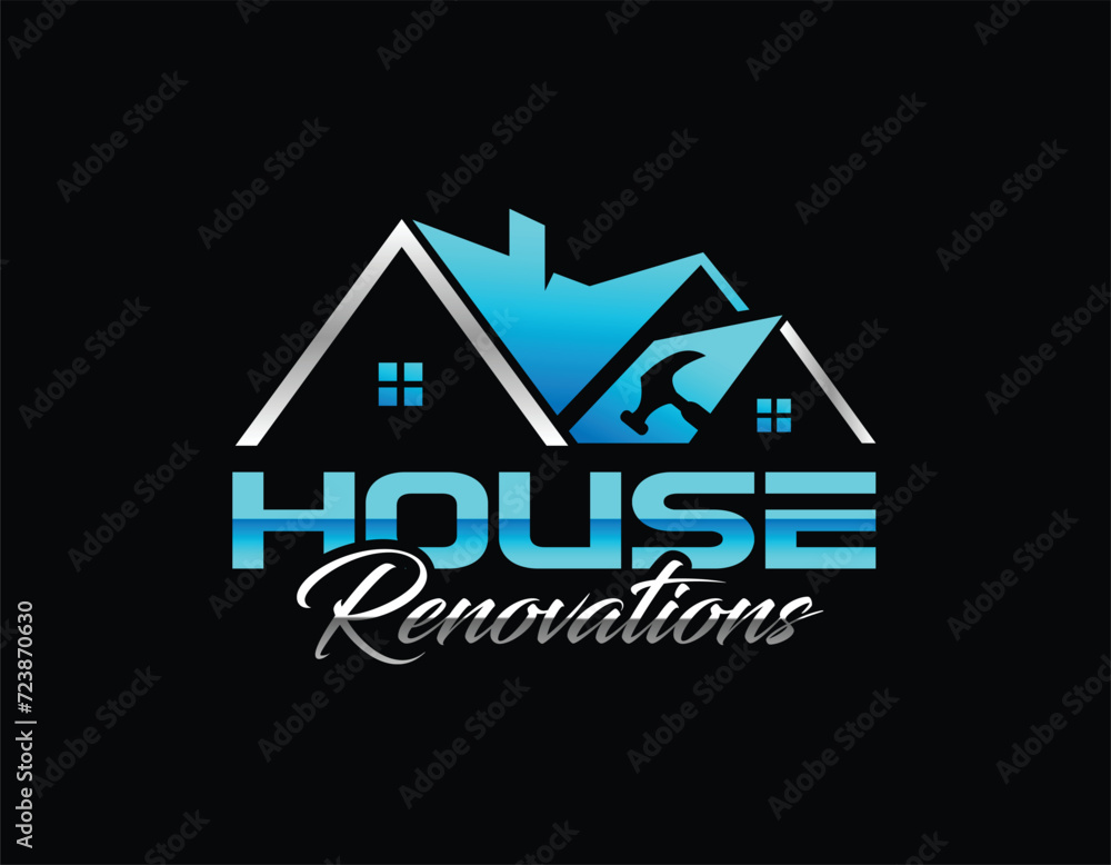 Blue House Property Renovation Logo Design Template
