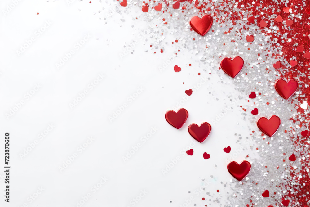 Valentine's Day. Red and silver glitter hearts on white background. Space for text. Valentine's Day. Red and silver glitter hearts on white background. Space for text.