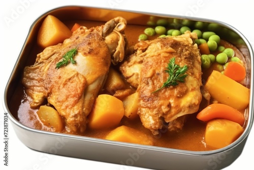 chicken curry with peas, tomato, potato, carrot pieces, green chili served on white background