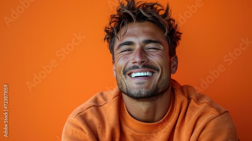 handsome man wearing sweatshirt  happy smiling face expression