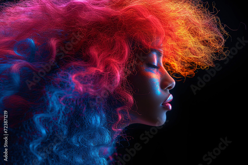 Colorful explosion of hair on the head of a dark-skinned girl, neon lighting on a dark background, creativity, hair dye advertising