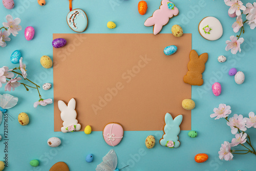 Easter cocnept colour eggs and bunny cookies on blue surface copy space photo