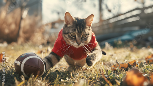 Action photograph of cat wearing a red t-shirt playing american football Animals. Sports