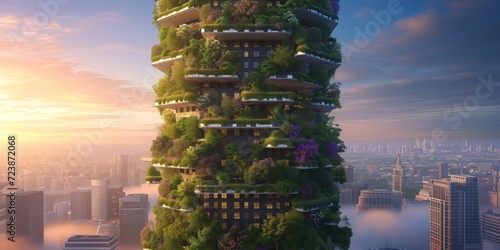 Skyscraper in the future that is self-sustaining and covered with plants.