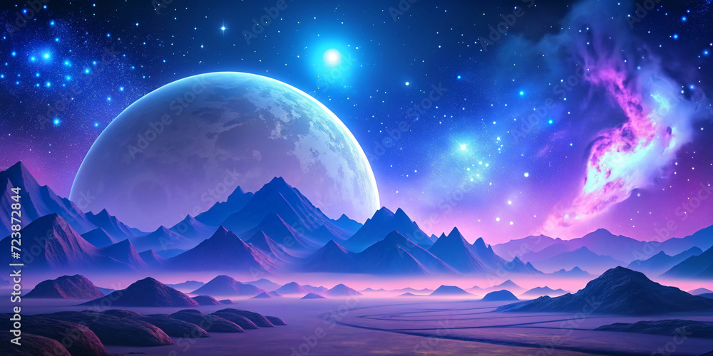 Earth and Moon shining in the cosmic universe, surrounded by stars Earth and Moon shining in the cosmic universe, surrounded by stars