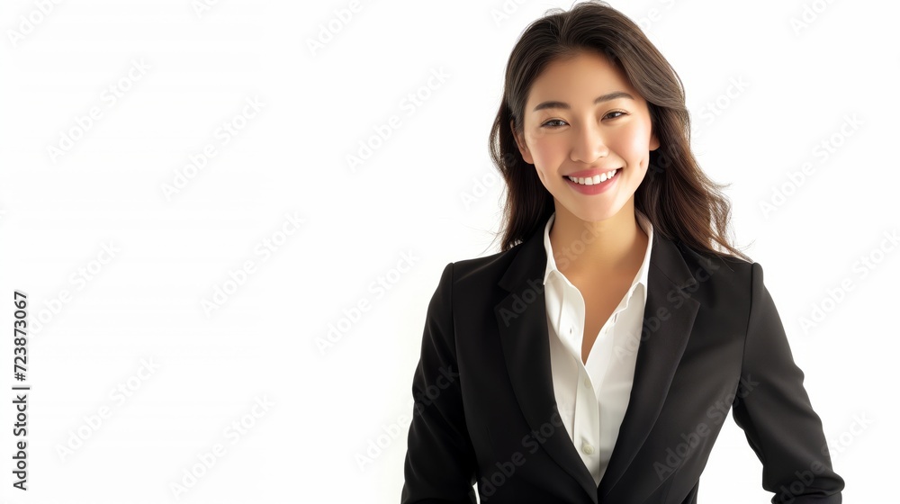 Smiling Asian businesswoman in a professional suit, standing confidently with crossed arms, exuding success and professionalism in a corporate office setting