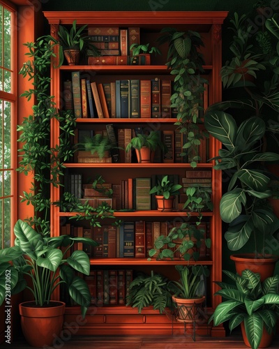 Bookshelf in the mysterious jungle,